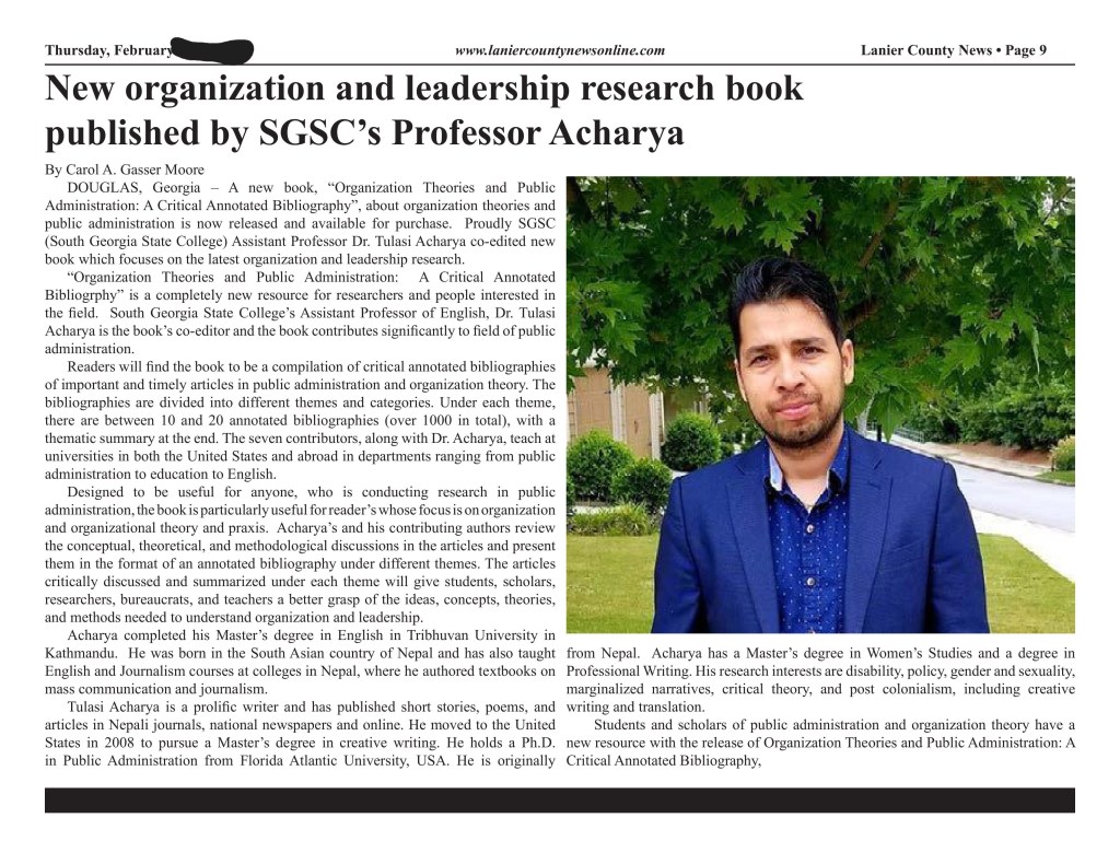 Lanier County News mentions the newly released book by Tulasi&nbsp;Acharya