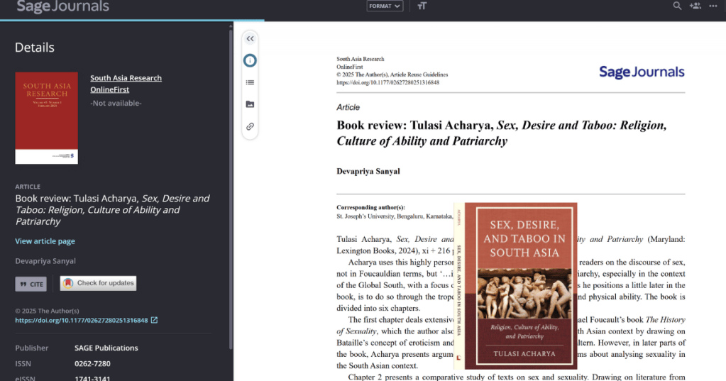 Book review: Tulasi Acharya, Sex, Desire and Taboo: Religion, Culture of Ability and&nbsp;Patriarchy